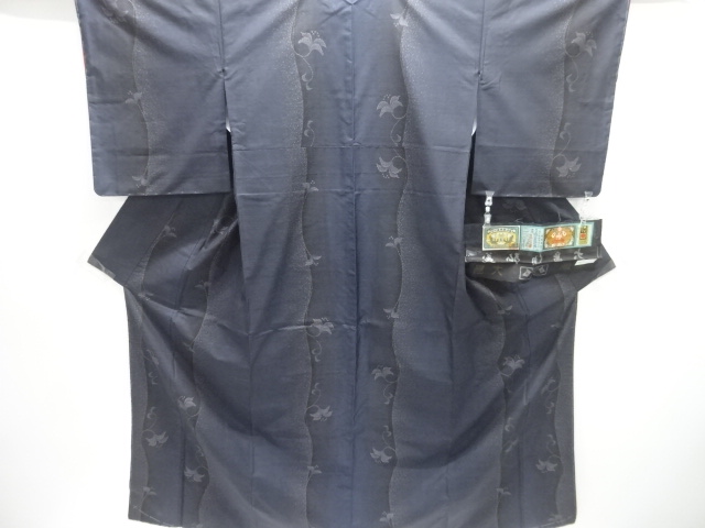 JAPANESE KIMONO / UNUSED / SILK / DORO OSHIMA TSUMUGI / WOVEN WAVY STRIPE & FLORAL PLANTS